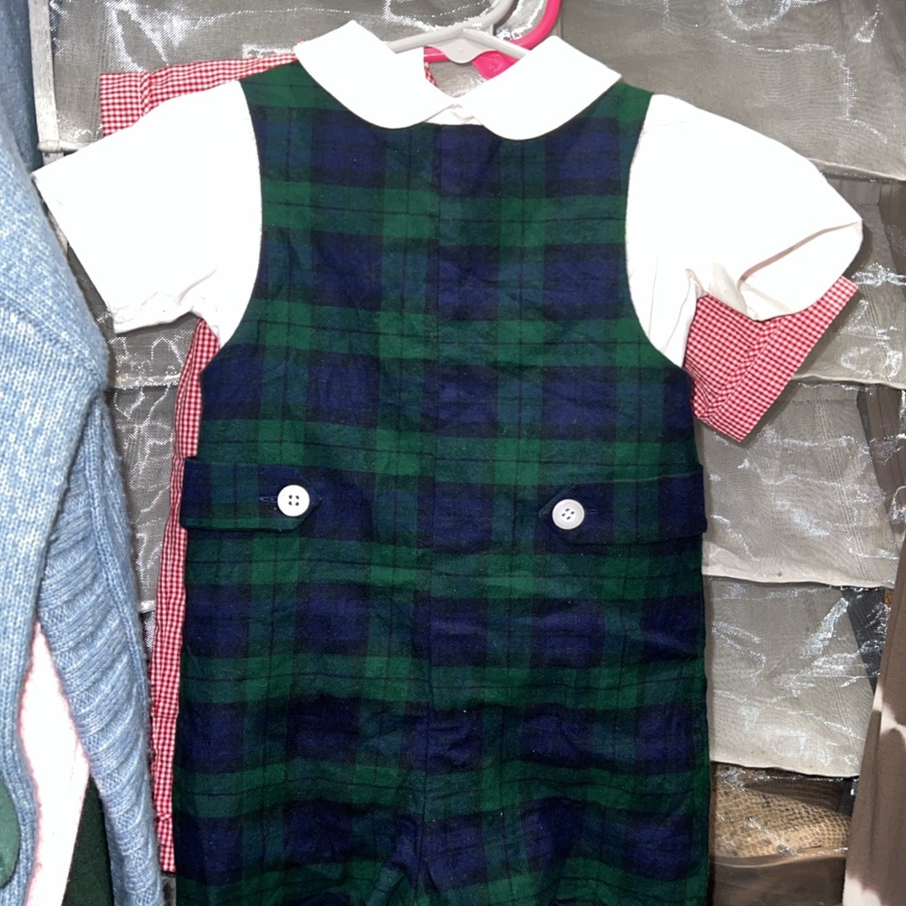 Classic Kids Plaid Overalls in Green and Blue
